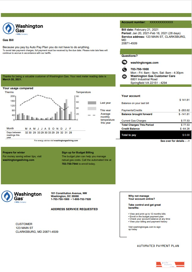 USA Washington Gas (WGL) utility bill template in Word and PDF format